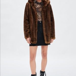 Zara faux fur brown hooded coat